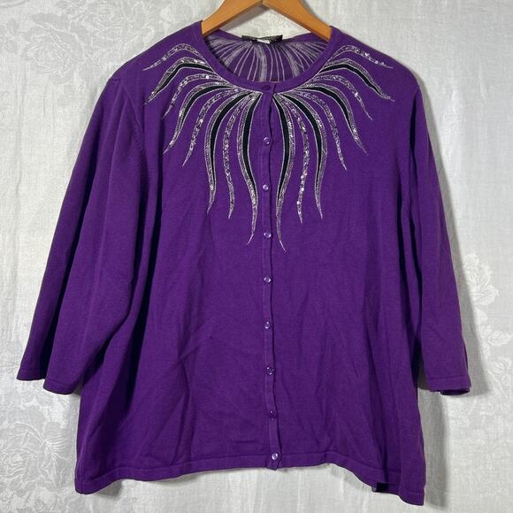 Bob Mackie Cardigan 2X Purple Silver Embroidered Beaded Sequins Wearable Art - Picture 1 of 9